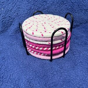 Pink and White Coaster Set with Holder